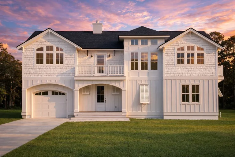 Front elevation of a luxury coastal farmhouse with white board and batten siding, symmetrical windows, and covered porch entry
