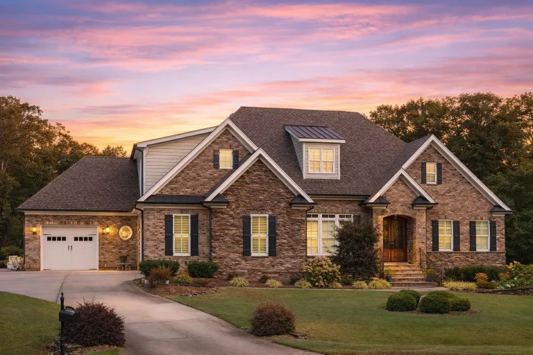 Front elevation of French Country style home with stone exterior, shake gables, arched entry, and side-entry garage