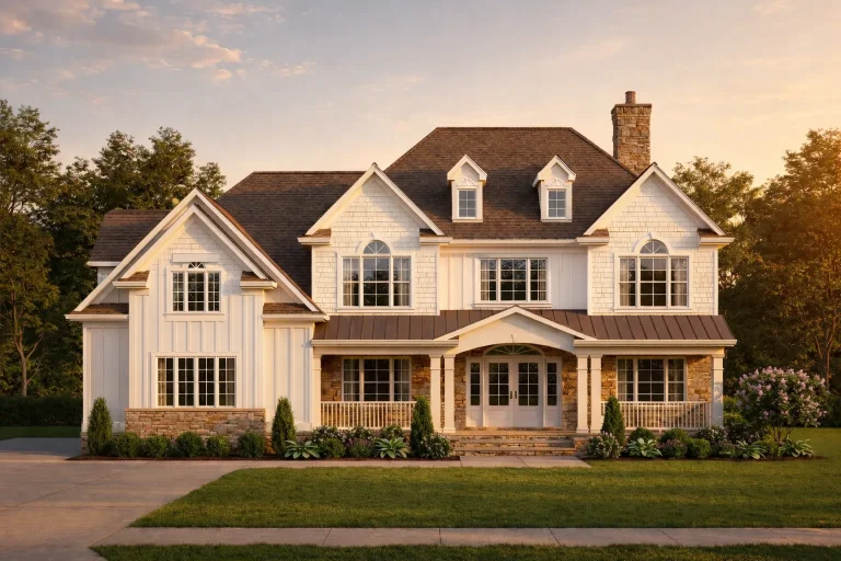 Front exterior view of a Shingle Style coastal traditional home with white shingle siding, board and batten accents, stone foundation, metal porch roof, and symmetrical façade