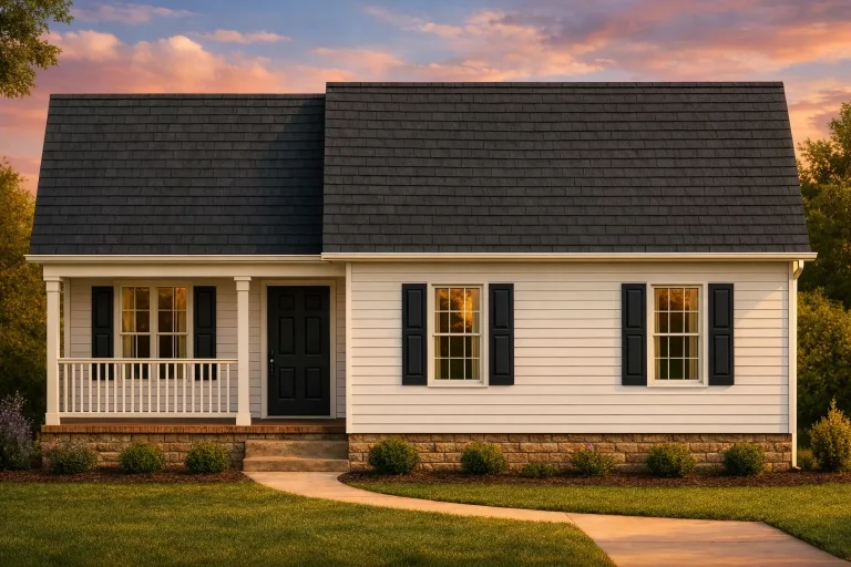 Front elevation of Cape Cod style cottage with white clapboard siding, black shutters, and covered front porch