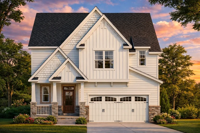 House Plans with Second Floor Laundry Room 21 Front elevation of a New American Modern Farmhouse style home featuring board and batten siding, gabled rooflines, and a two-car garage