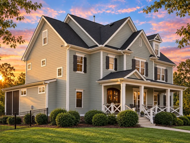 Front elevation of a New American traditional home with Colonial influence, featuring horizontal siding, stone accents, symmetrical windows, and a covered front porch