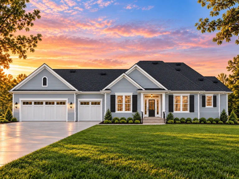 Top Designer-Approved House Plans 20 Front elevation of a Traditional Ranch style home with white horizontal lap siding, gable rooflines, and attached front-entry garage at sunset