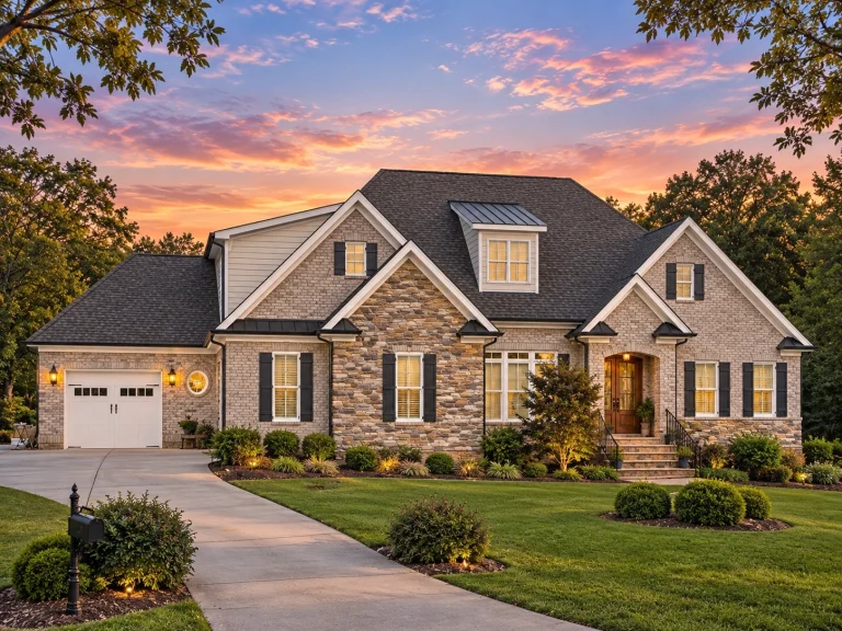 Front elevation of French Country style home with stone exterior, shake gables, arched entry, and side-entry garage