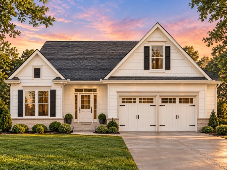 Top Designer-Approved House Plans 16 Front view of a Modern Farmhouse style home featuring horizontal siding, brick foundation, and dark wood carriage garage doors
