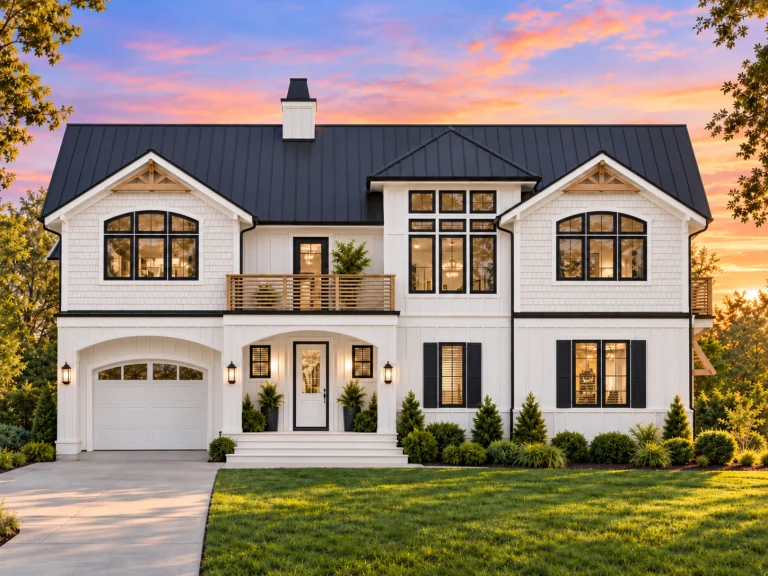 House Plans with Spacious Laundry Room 10 Front elevation of a luxury coastal farmhouse with white board and batten siding, symmetrical windows, and covered porch entry