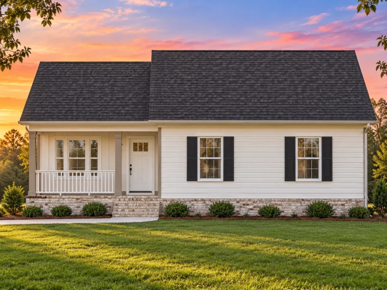 Front elevation of Cape Cod style cottage with white clapboard siding, black shutters, and covered front porch
