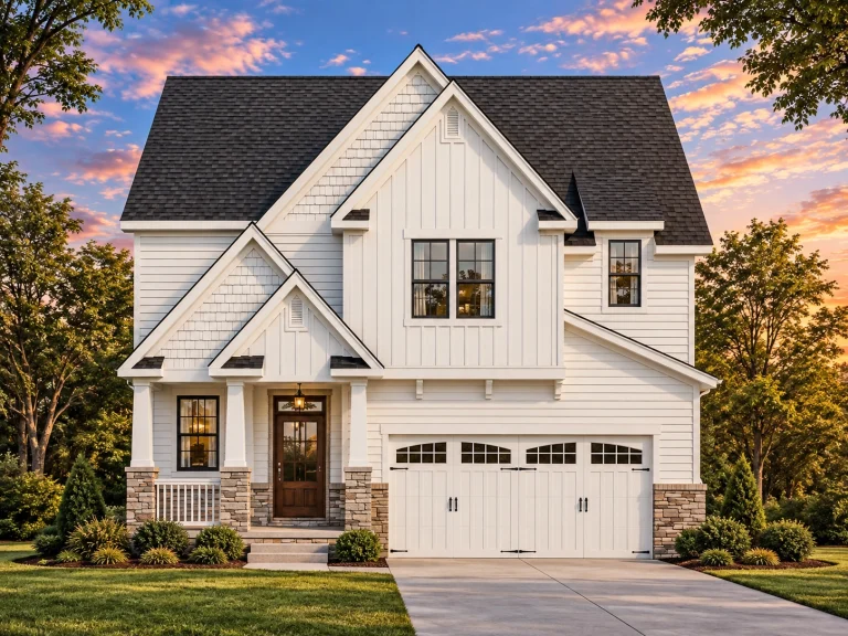 Top Designer-Approved House Plans 3 Front elevation of a New American Modern Farmhouse style home featuring board and batten siding, gabled rooflines, and a two-car garage