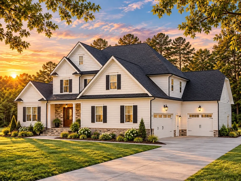 Front elevation of a New American Modern Farmhouse style home featuring white horizontal siding, stone accents, gabled rooflines, and an attached garage