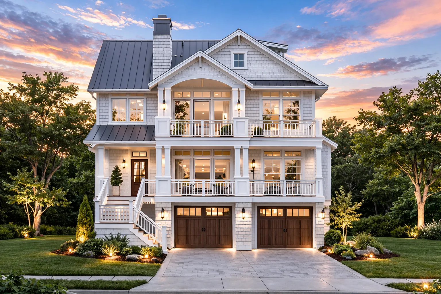Front elevation of Coastal Traditional Low Country style home with white lap siding, double stacked porches, standing seam metal roof, and two-car garage