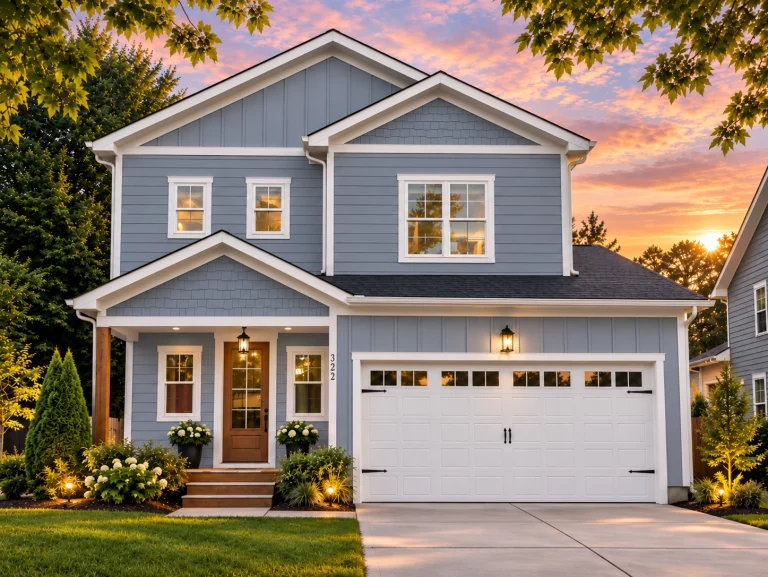 Front elevation of a New American style two-story home with horizontal siding, shingle gable accent, and attached two-car garage
