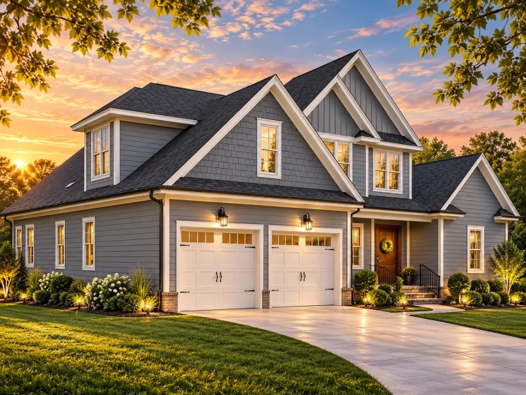 Front elevation of a New American modern traditional house with lap siding, board and batten gables, and a two-car garage