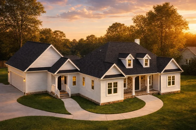 Front exterior of a Craftsman Farmhouse style home with horizontal siding, board and batten accents, covered porch, and side-entry garage