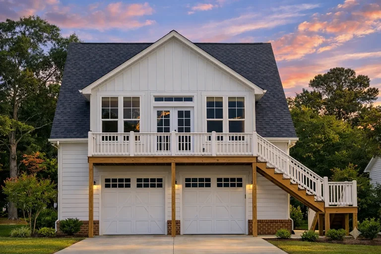 Front elevation of a Cape Cod style cottage with horizontal lap siding, steep gable roof, twin dormers, and symmetrical window layout