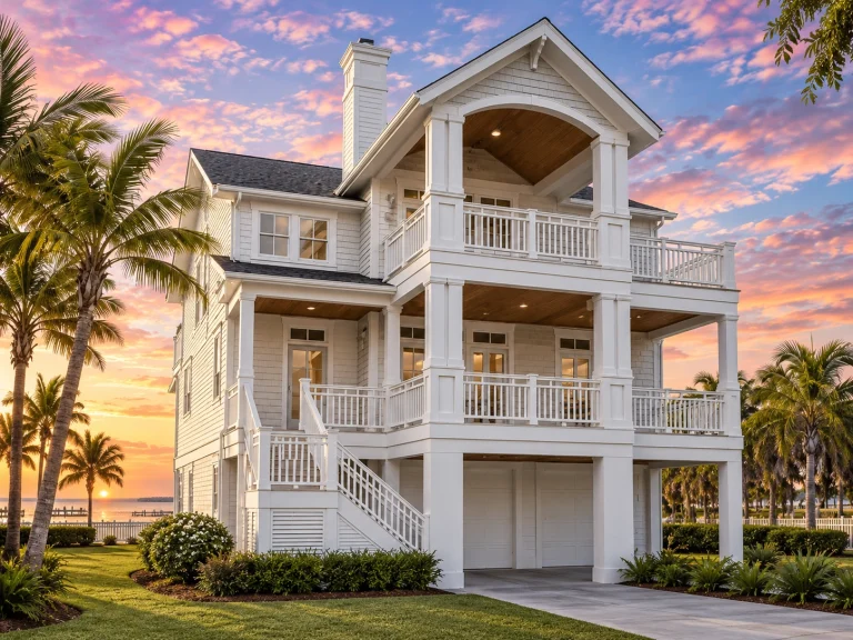 Front elevation of Coastal Traditional Low Country style home with white lap siding, double stacked porches, standing seam metal roof, and two-car garage
