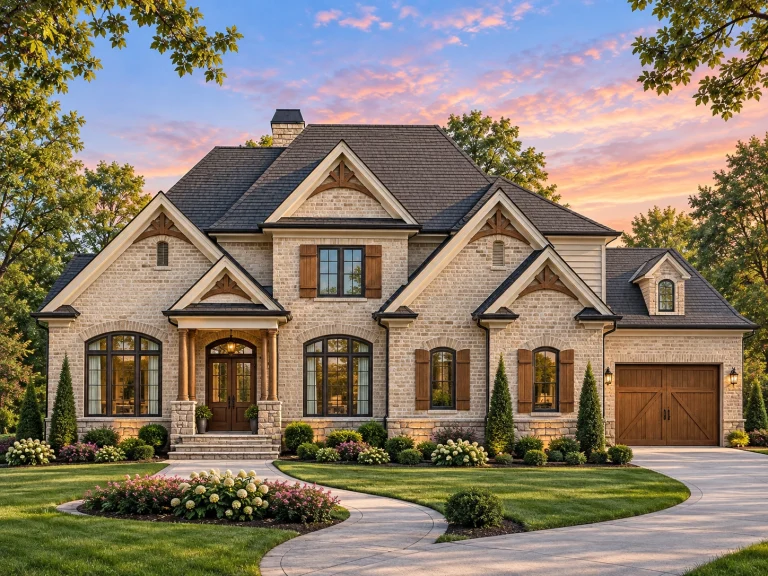 Front exterior of a New American style home featuring brick and stone exterior, steep gabled rooflines, arched windows, and elegant traditional detailing