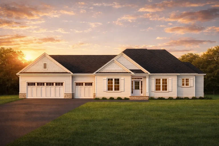 Front elevation of a Traditional Ranch style home with white horizontal lap siding, gable rooflines, and attached front-entry garage at sunset
