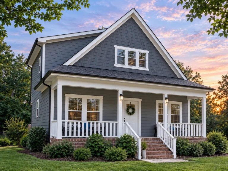 House Plans with Fireplace 15 Front view of a Traditional Cottage style home featuring Craftsman-inspired detailing, lap siding, and a welcoming covered front porch surrounded by nature.
