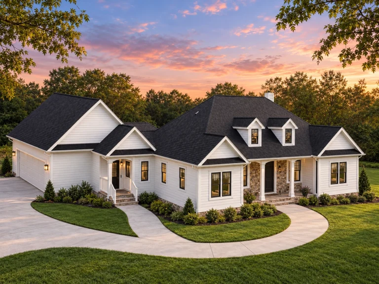 Front exterior of a Craftsman Farmhouse style home with horizontal siding, board and batten accents, covered porch, and side-entry garage