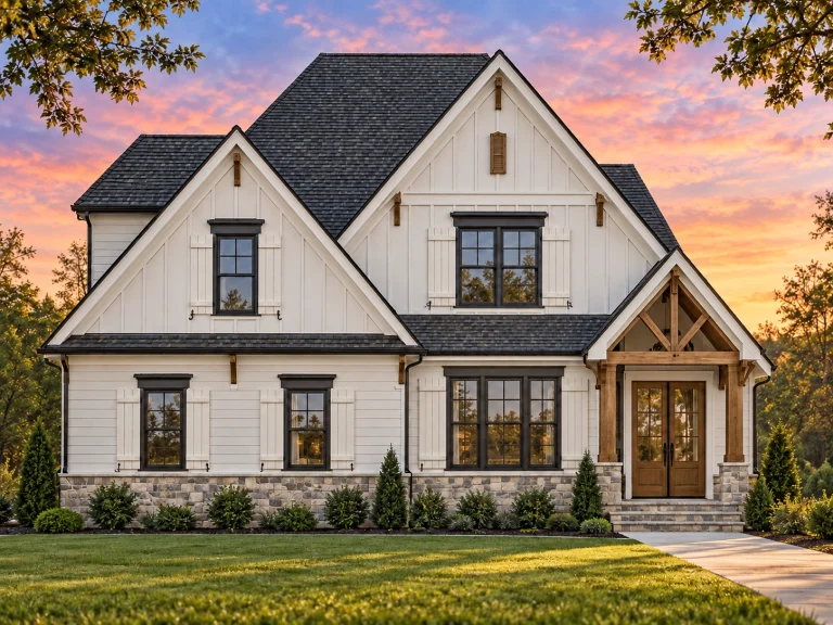 House Plans with Fireplace 12 Front view of Modern Farmhouse style home featuring board and batten siding, stone base, dark window trim, and symmetrical gable roof design