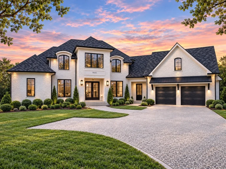 House Plans with Fireplace 23 Front elevation of a French Country style luxury home with painted brick exterior, stone accents, steep rooflines, and arched windows