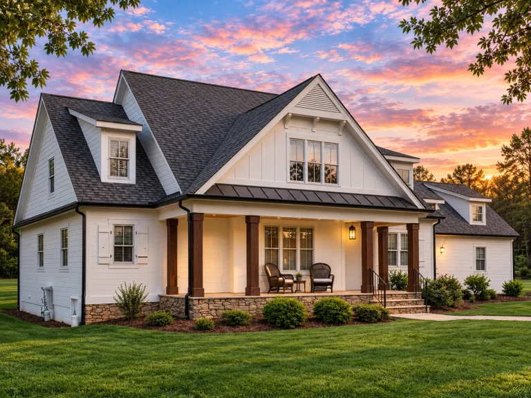 Conventional House Plans 21 Front elevation of a Modern Farmhouse style home featuring board and batten siding, metal porch roof, gabled dormers, and a welcoming covered front porch