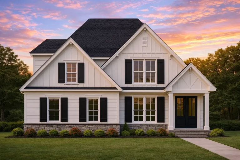Front view of Modern Farmhouse style home featuring board and batten siding, stone base, dark window trim, and symmetrical gable roof design