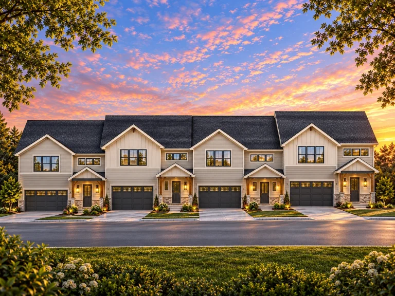 Front elevation of a Transitional Traditional townhouse with board and batten siding, brick base, and symmetrical modern detailing