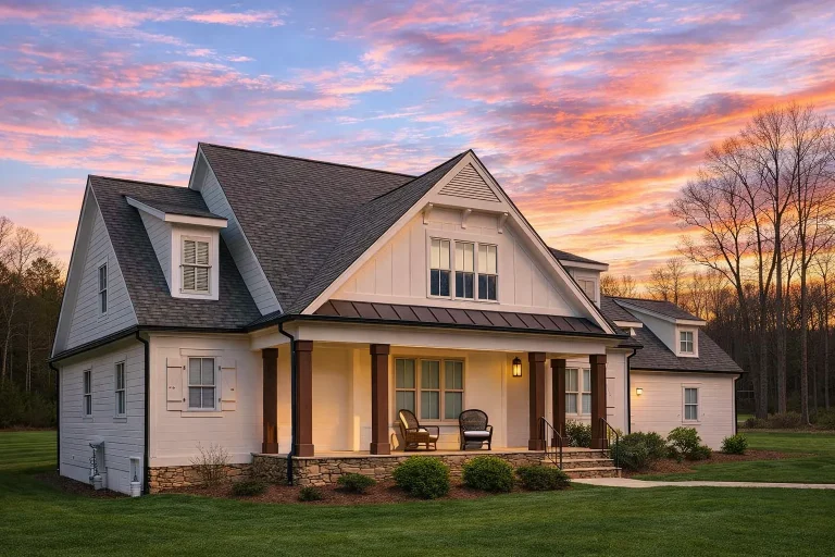 House Plans 3 Front elevation of a Modern Farmhouse style home featuring board and batten siding, metal porch roof, gabled dormers, and a welcoming covered front porch