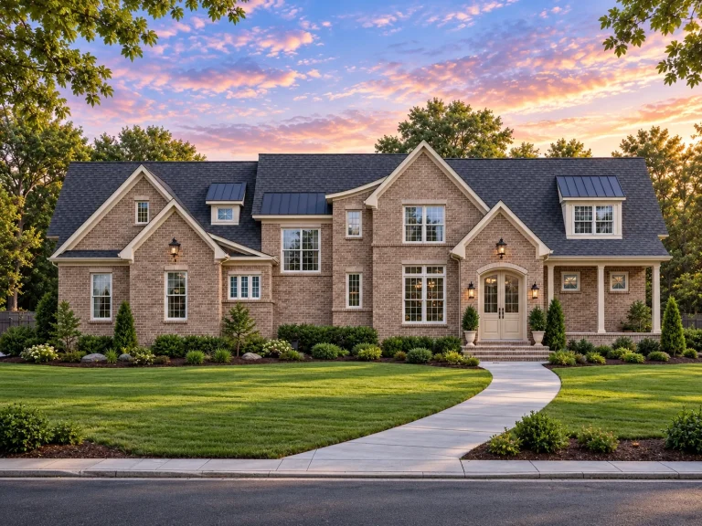 Front elevation of a Traditional Colonial and Neo-Colonial style home with full brick exterior, steep gable rooflines, dormer windows, and refined suburban curb appeal
