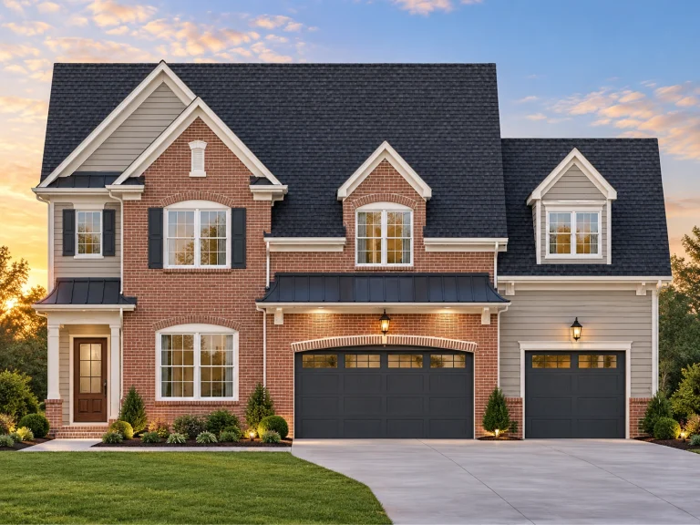 Front elevation of a Traditional Colonial style home featuring red brick exterior, white trim, and black double garage doors with balanced architectural proportions