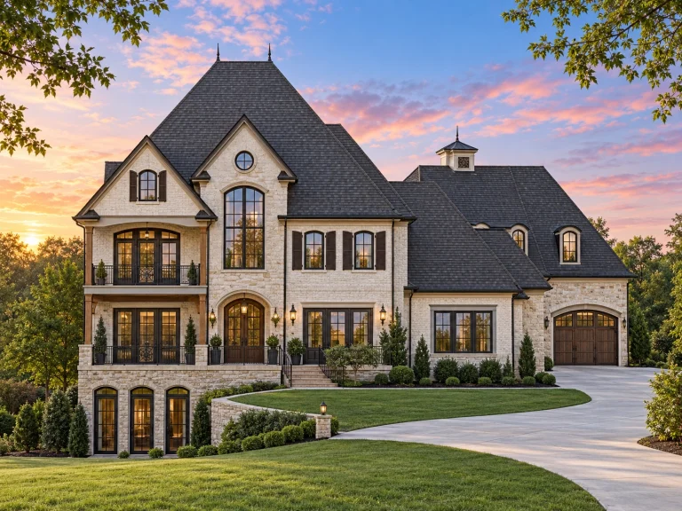 Front exterior of a French Country European style luxury home featuring a brick façade, steep rooflines, arched windows, and symmetrical estate architecture