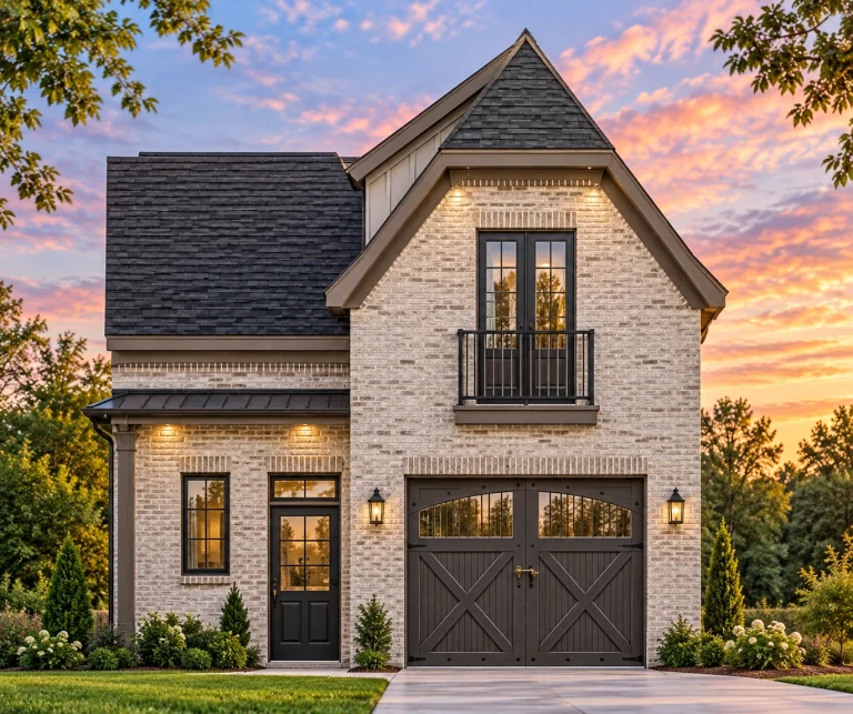 Front elevation of a Colonial Revival style garage apartment with brick exterior, board and batten gable, Juliet balcony, and traditional carriage garage door