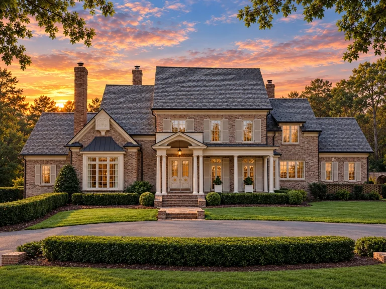 Front elevation of a Colonial Revival style home with painted brick, clapboard siding, symmetrical façade, and covered entry porch