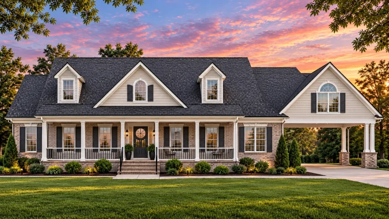 Front elevation of a Southern Farmhouse Ranch style home featuring board and batten siding, brick accents, large front porch, and dormer windows