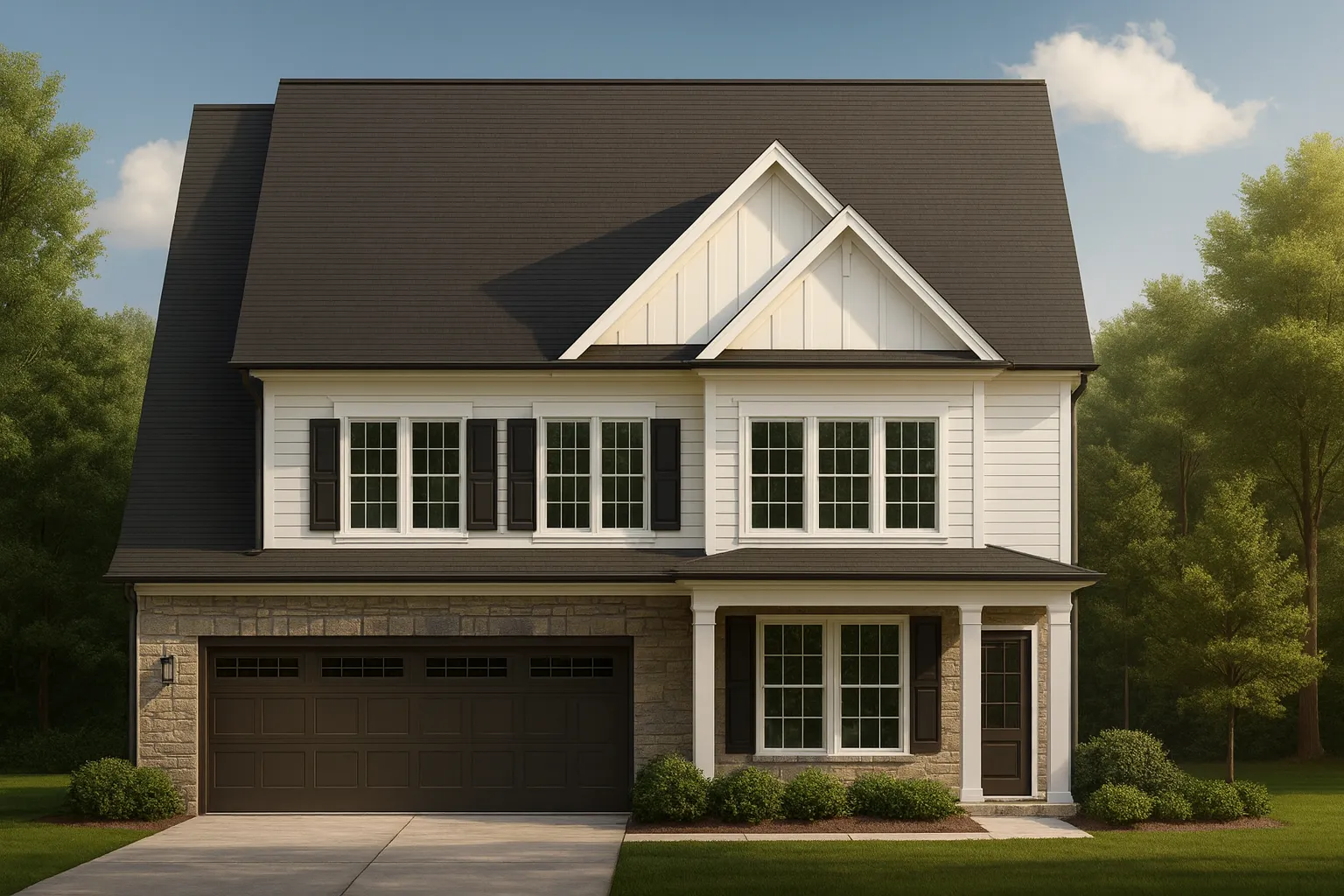 Front elevation of a Traditional Colonial style home with brick accents, horizontal siding, symmetrical windows, and an attached two-car garage