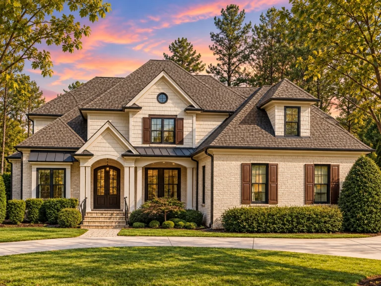 Front elevation of a Traditional Colonial style brick home with balanced windows, gabled rooflines, and covered entry porch