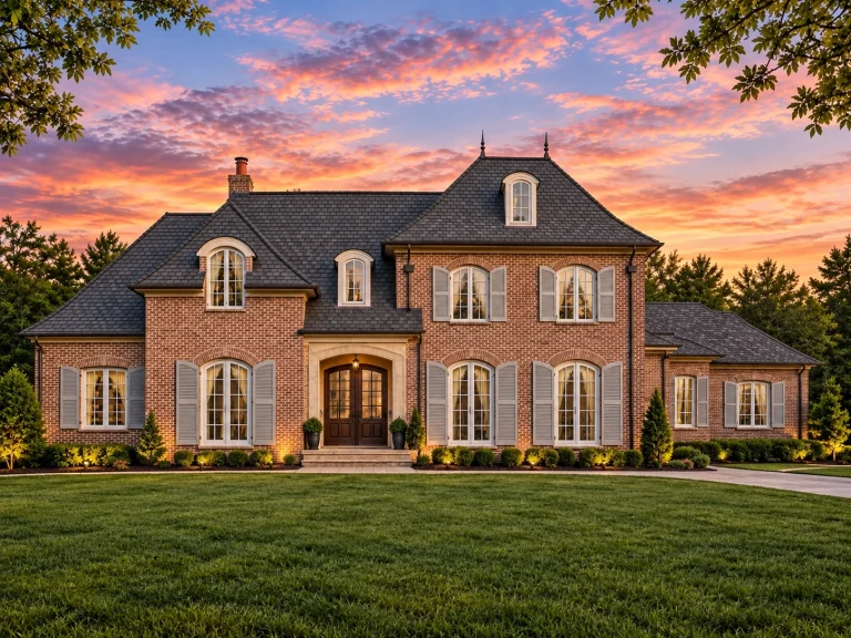 7 Bedroom House Plans 12 Front elevation of a French Provincial style home featuring brick exterior, steep hip rooflines, and traditional shuttered windows