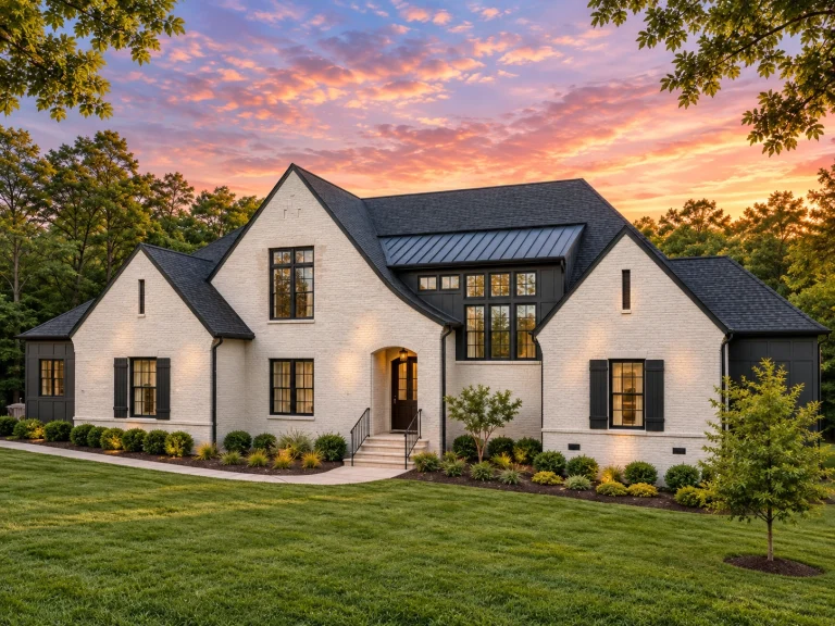 Southwestern House Plans 10 Front exterior of a New American modern traditional house with painted brick facade, steep gabled rooflines, dark windows, and manicured landscaping