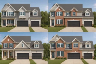 House Plans with Outdoor Kitchen 13 Front elevation of a Traditional Colonial style home featuring red brick exterior, white trim, and black double garage doors with balanced architectural proportions