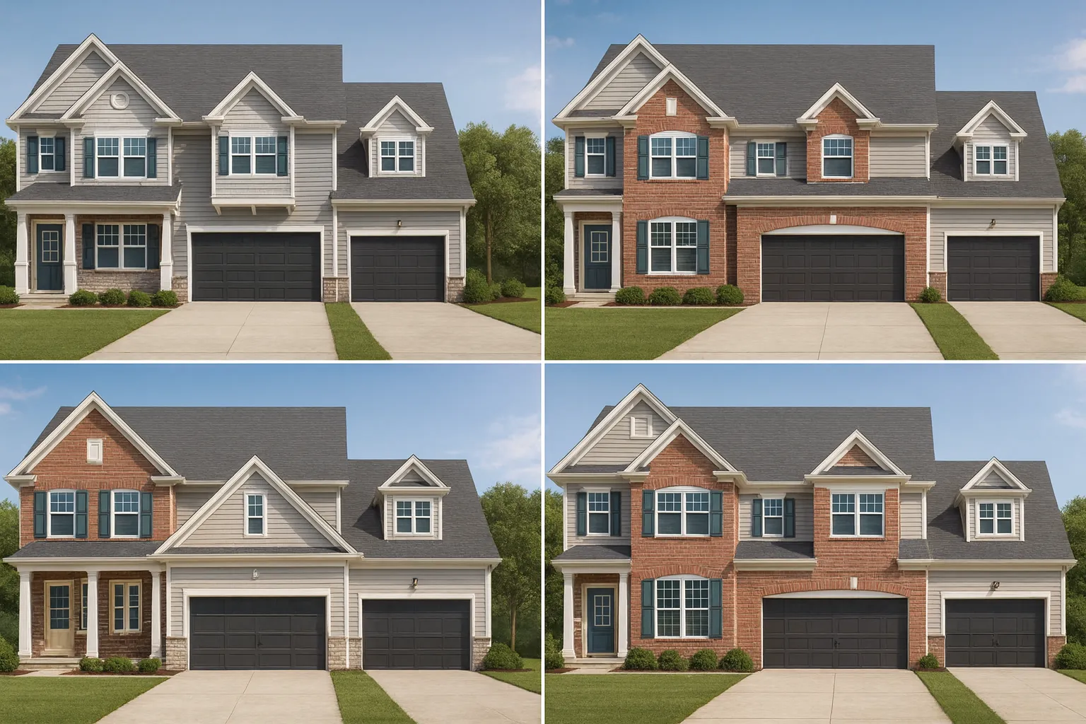 7-2374 HOUSE PLAN - Traditional Colonial Home Plan - 4-Bed, 3-Bath, 2,850 SF 1 Front elevation of a Traditional Colonial style home featuring red brick exterior, white trim, and black double garage doors with balanced architectural proportions