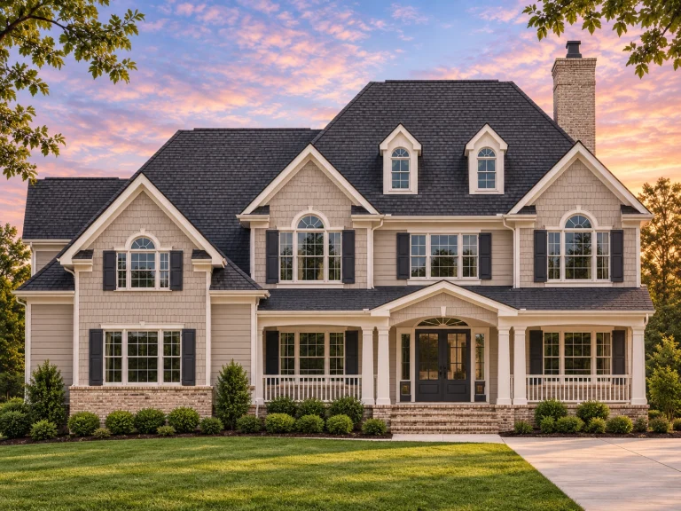 Front exterior view of a Shingle Style coastal traditional home with white shingle siding, board and batten accents, stone foundation, metal porch roof, and symmetrical façade