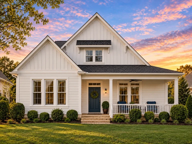 House Plans with Outdoor Kitchen 11 Front elevation of a coastal cottage farmhouse style home with pale green lap siding, board-and-batten gables, white trim, welcoming front porch, and white picket fence