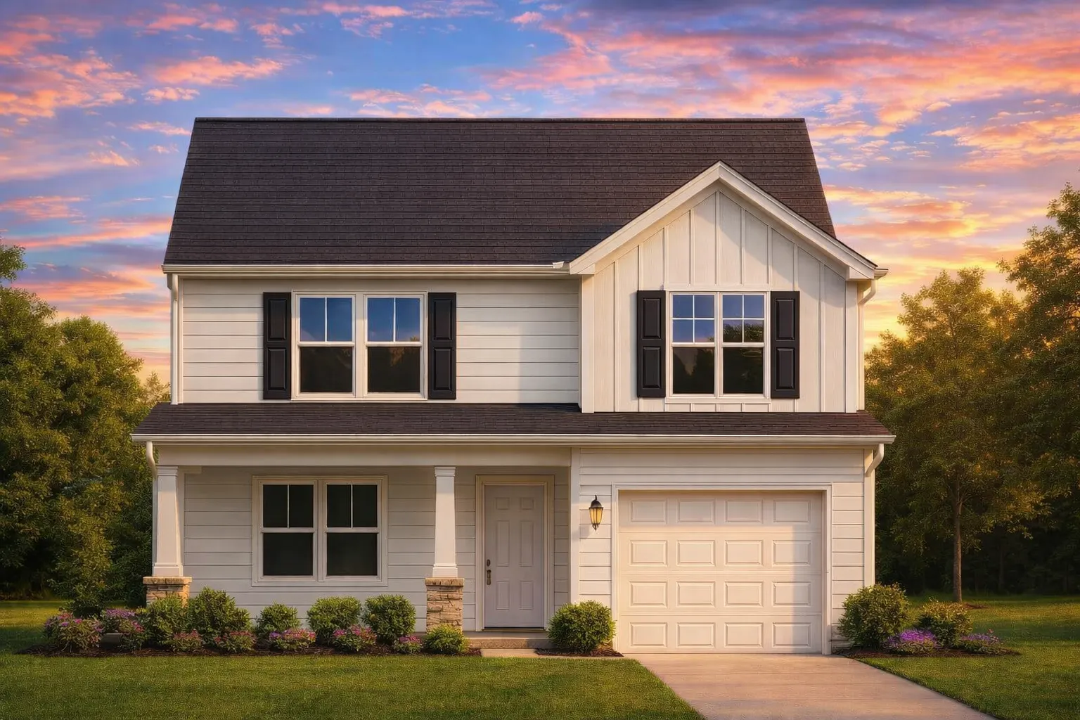 Front elevation of a Traditional New American style home featuring horizontal siding, board and batten accents, stone column bases, and a front-entry garage.