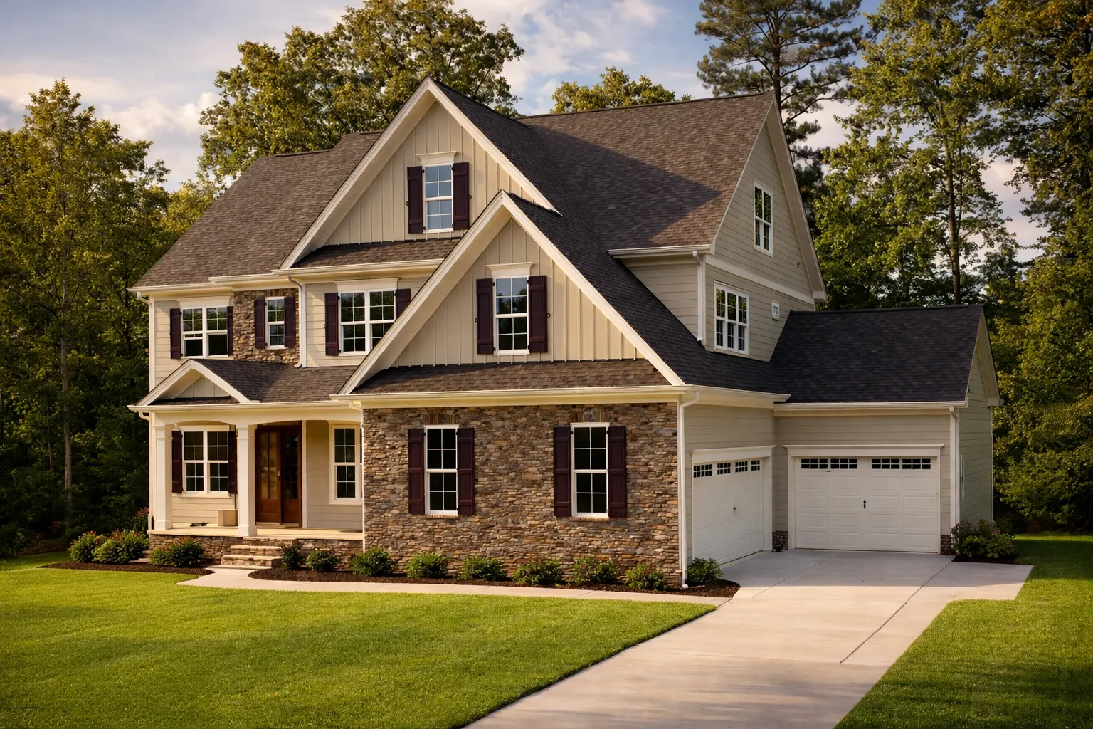 Front elevation of Traditional Colonial home with brick exterior, lap siding, dormer windows, and side-entry two-car garage