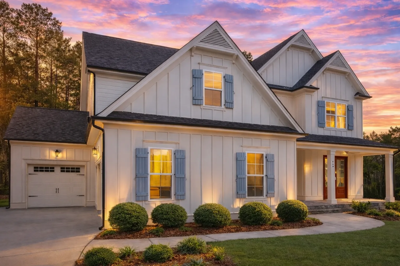 House Plans with Second Floor Laundry Room 7 Front elevation of a New American modern traditional house featuring board and batten siding, symmetrical windows, and a welcoming covered porch