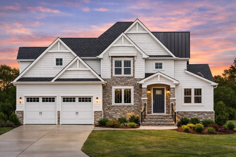 Front elevation of modern farmhouse style home with board and batten siding, stone veneer, gabled rooflines, and two-car garage