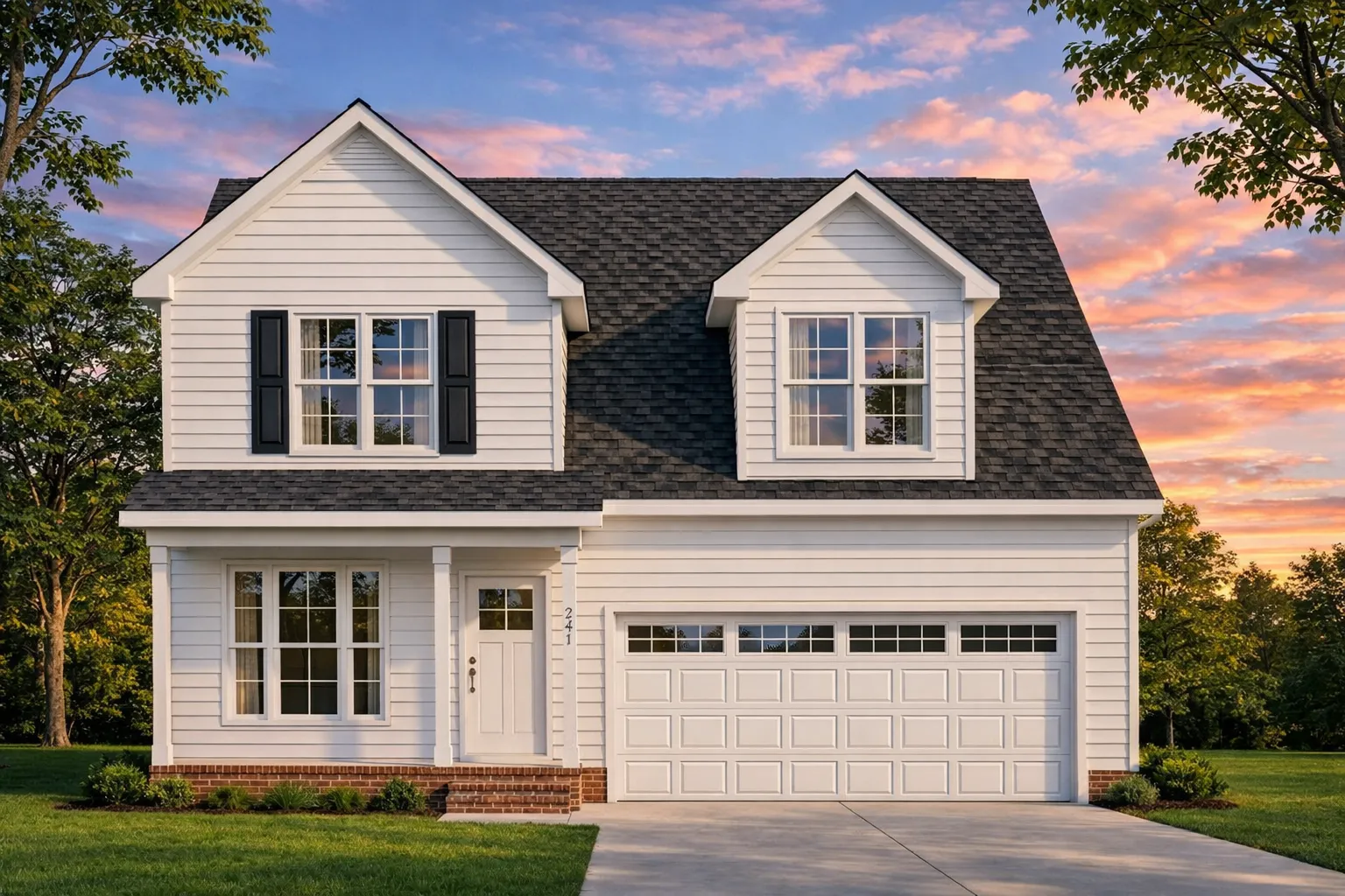 Front elevation of a Traditional Colonial Revival style house featuring horizontal siding, stone accents, black shutters, and a symmetrical two-story façade with an attached two-car garage.