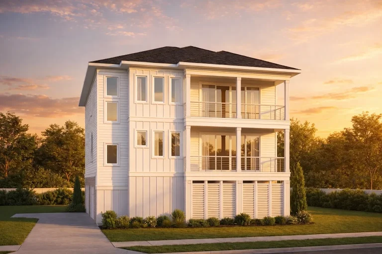 Front exterior of a Coastal Low Country style beach house with board and batten siding, elevated design, covered balconies, and classic Southern proportions