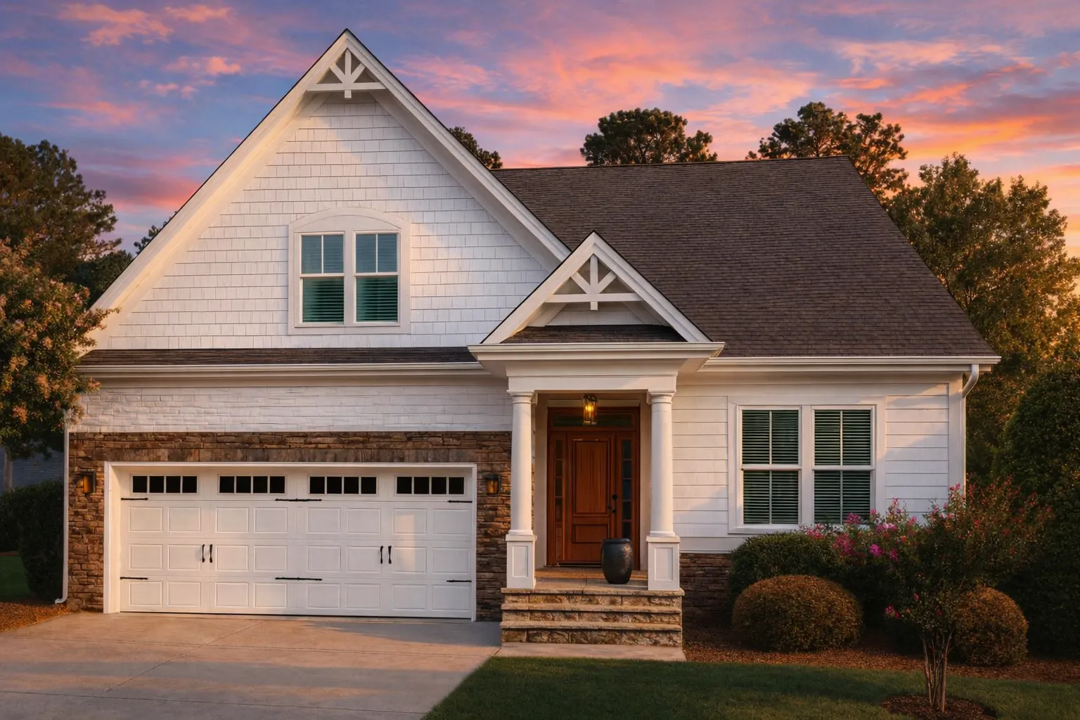 Front elevation of a Cape Cod style home with horizontal siding, brick foundation, gabled rooflines, and traditional suburban curb appeal